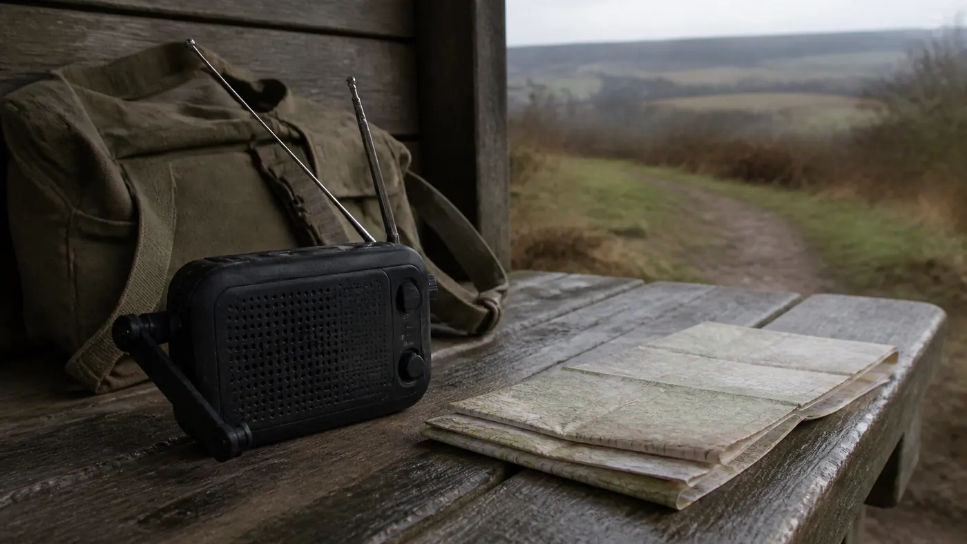 A hand-crank field radio beside a folded paper map at a rural shelter
